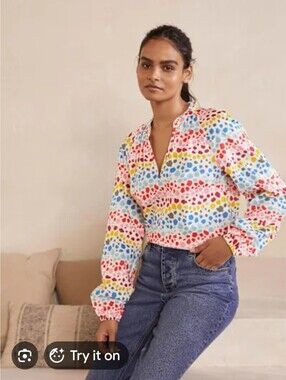 Boden Multicolor V-Neck Blouse in Red, Blue, Yellow, Pink - Size 16/18